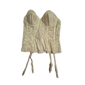 Vtg Carnival Lace Bustier Corset Garter Size 36B Ivory Longline Semi Sheer Union